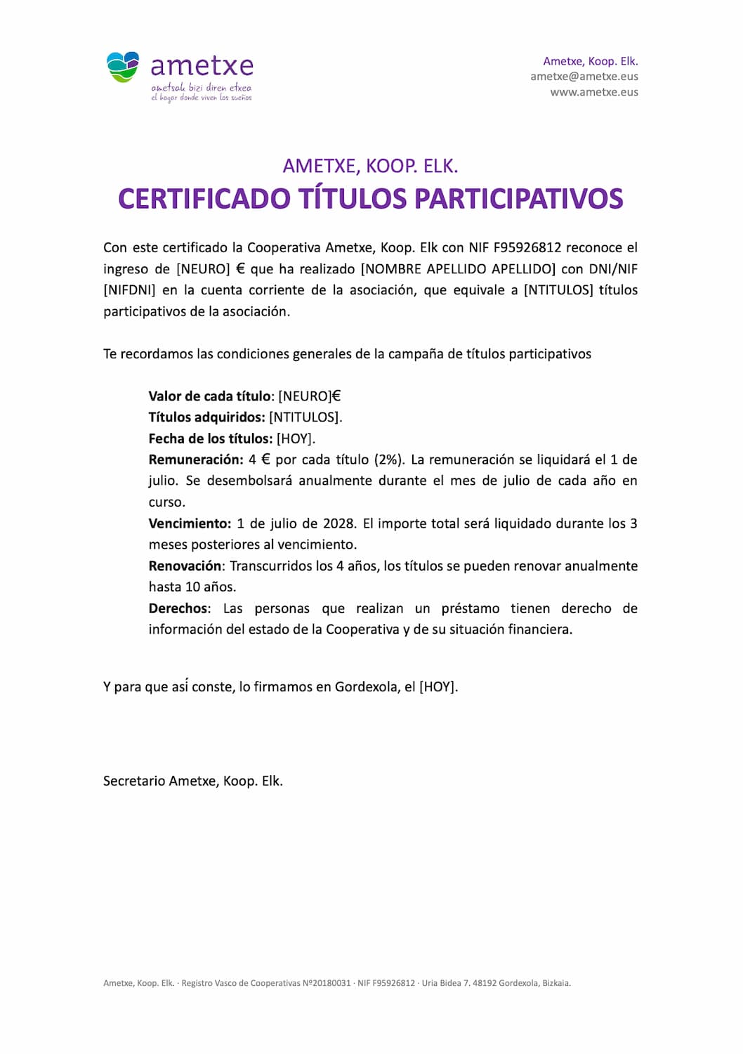ametxe certificado titulos participativos